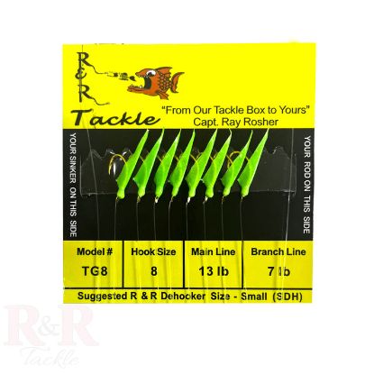 R&R Tackle - TG8 Bait Rigs - 8 (size 8) hooks with green heads & glow skin (Glows-in-Dark)